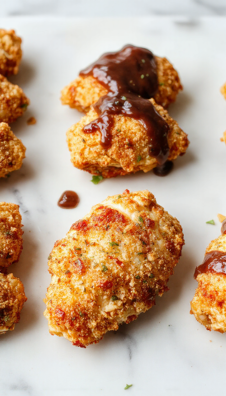 Golden brown crispy chicken tenders arranged neatly on a white plate, garnished with a side of fresh green herbs, the tender coating glistening slightly, with a blurred background of a rustic wooden table and dipping sauces.