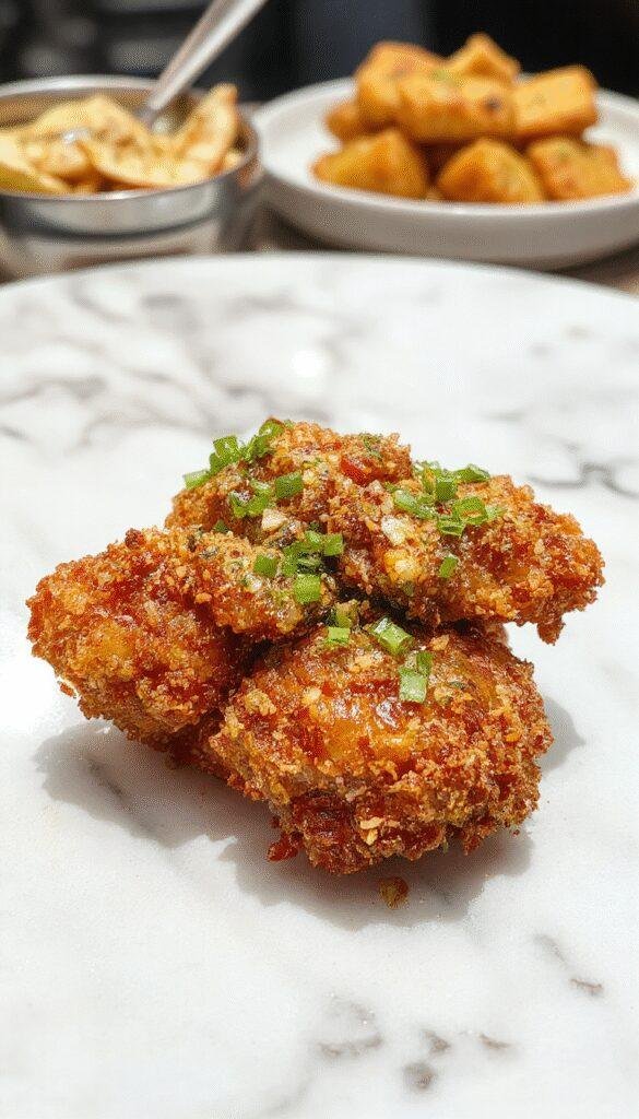 A plate of crispy Bang Bang Chicken featuring golden-brown, crunchy-coated chicken pieces drizzled with vibrant red and orange spicy sauce, garnished with sesame seeds and green scallions, arranged artfully on a white plate with a clean background.