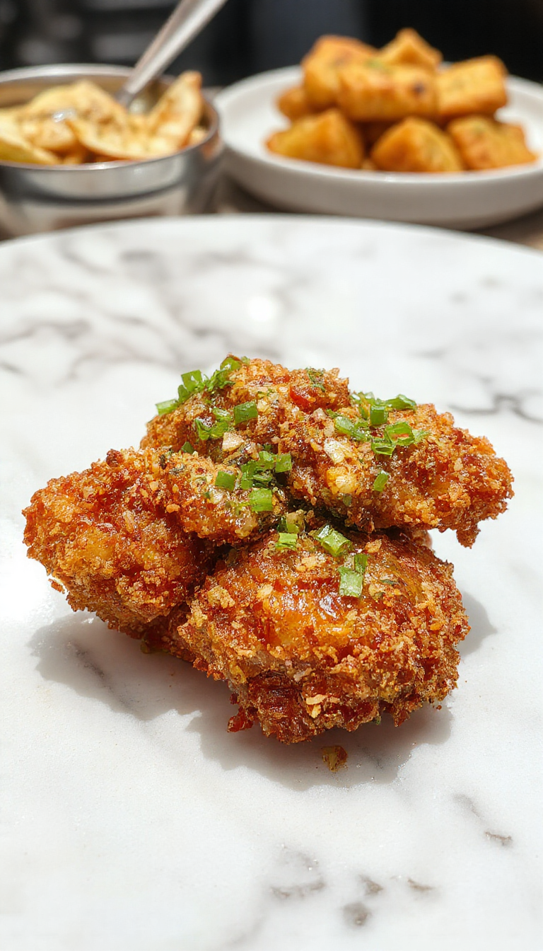 A plate of crispy Bang Bang Chicken featuring golden-brown, crunchy-coated chicken pieces drizzled with vibrant red and orange spicy sauce, garnished with sesame seeds and green scallions, arranged artfully on a white plate with a clean background.