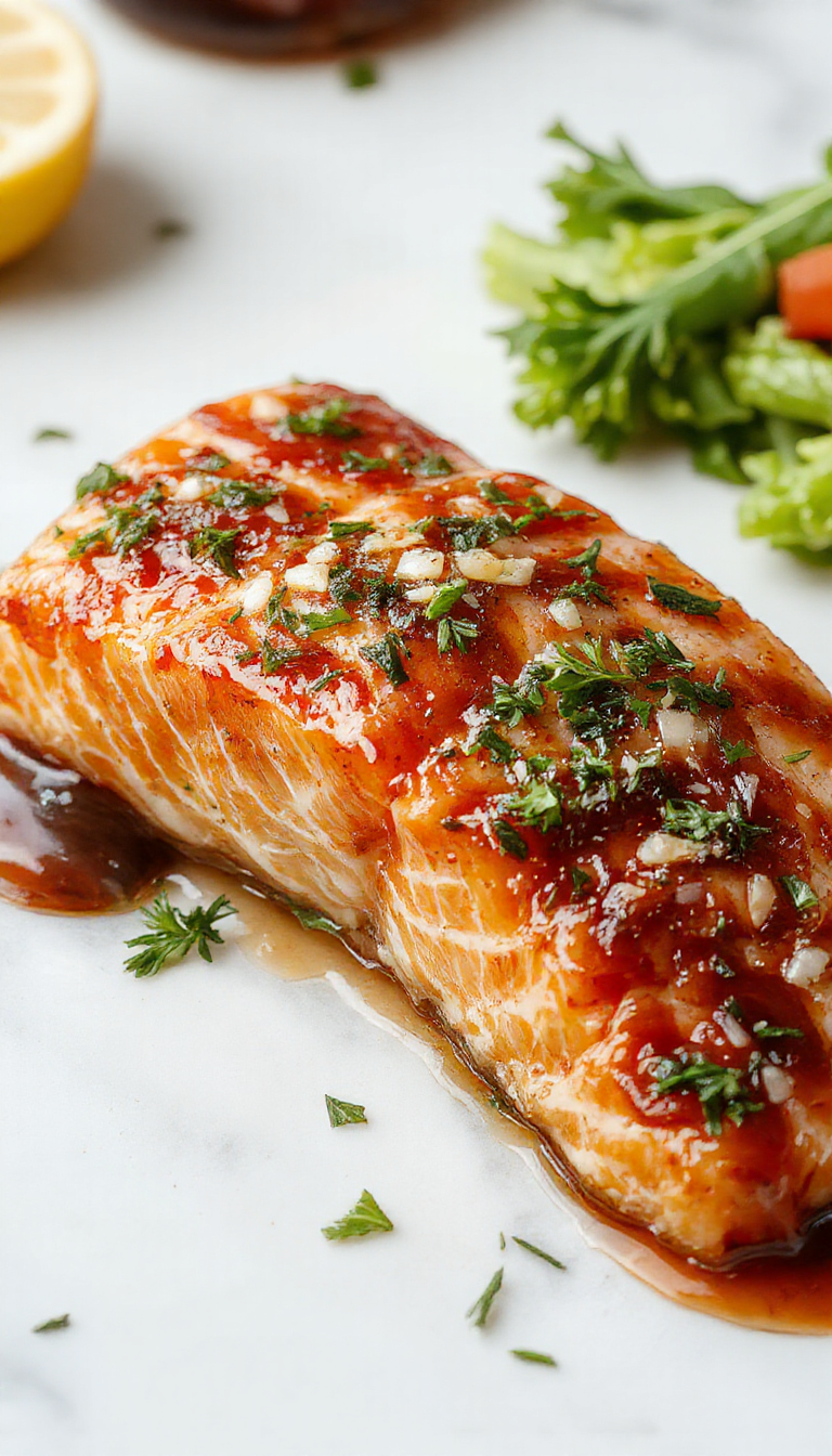 A vibrant plate featuring crispy salmon fillets coated in a glossy honey garlic glaze, garnished with fresh herbs and sesame seeds, with a golden-brown crust and tender flaky interior, beautifully styled on a white ceramic plate with a backdrop of fresh lemon and green vegetables.