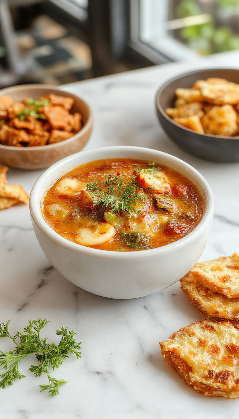 Colorful vegetable soup served in a white bowl with visible chunks of carrots, zucchini, celery, and green beans against a rustic wooden table, garnished with fresh herbs, with a spoon resting beside it, steam rising gently to showcase the crisp textures and vibrant colors of the fresh vegetables.