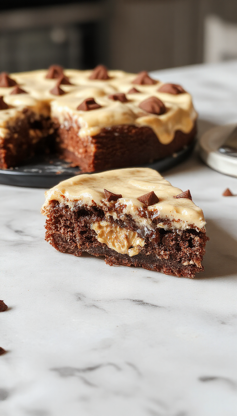 A close-up of a layered cheesecake cake topped with smooth chocolate ganache and a swirl of peanut butter frosting, garnished with chopped peanuts and chocolate shavings, presented on a white platter with a rustic background.