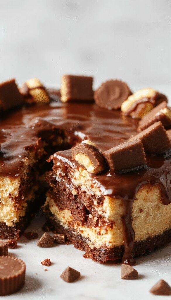 A tall, multi-layered cheesecake cake with rich chocolate and creamy peanut butter swirls, topped with chopped peanut butter cups and chocolate ganache drips, featuring a glossy finish and soft, textured sides.
