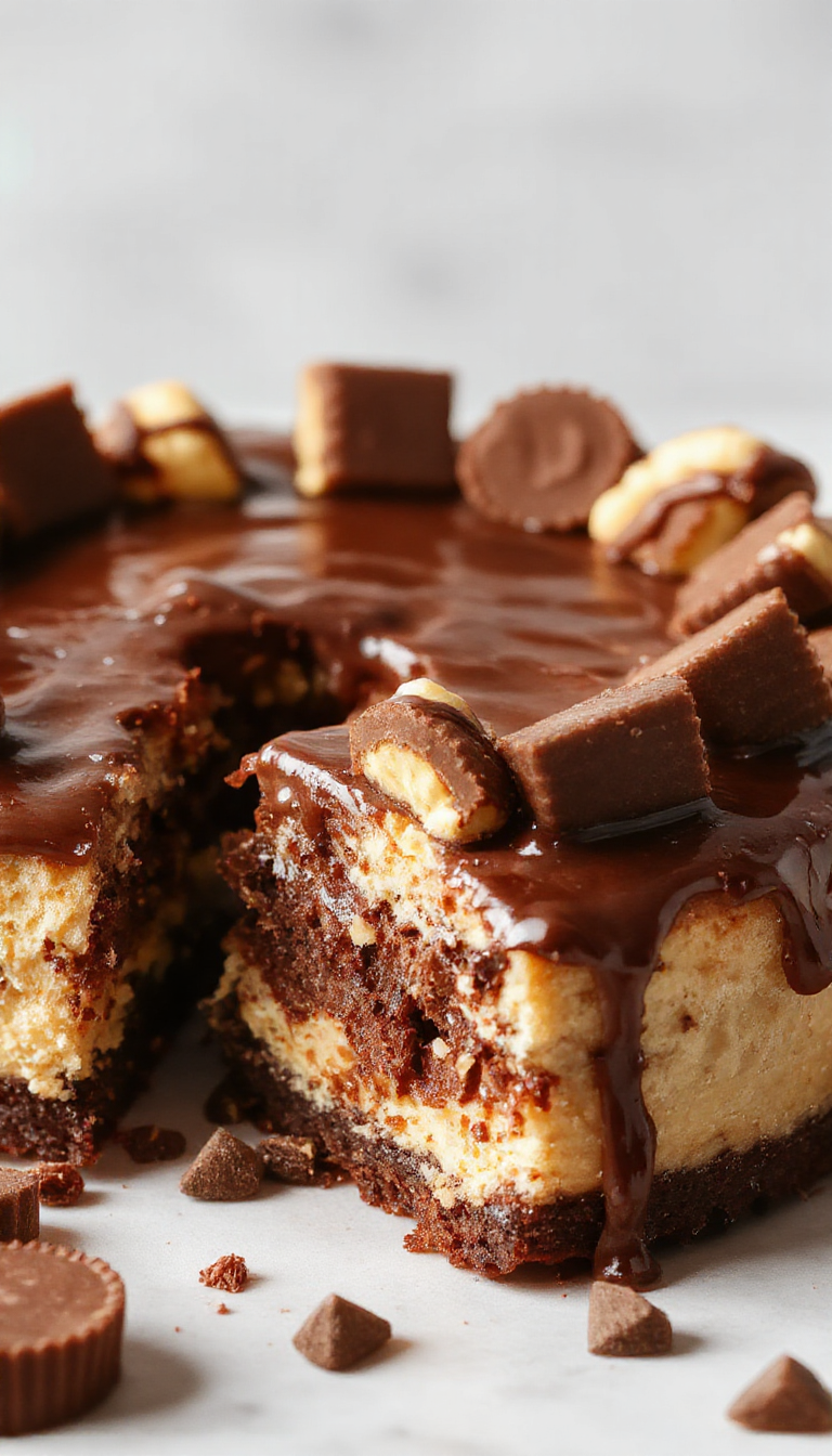 A tall, multi-layered cheesecake cake with rich chocolate and creamy peanut butter swirls, topped with chopped peanut butter cups and chocolate ganache drips, featuring a glossy finish and soft, textured sides.