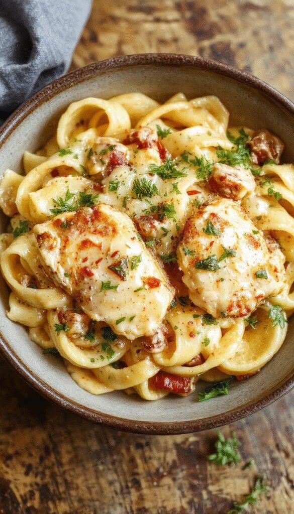 A plate of creamy Boursin chicken pasta topped with fresh herbs, showcasing rich cheese sauce and tender pasta strands.