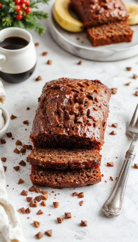 A festive loaf of Decadent Holiday Espresso Banana Bread garnished with holiday spices and a slice cut to reveal its moist interior.