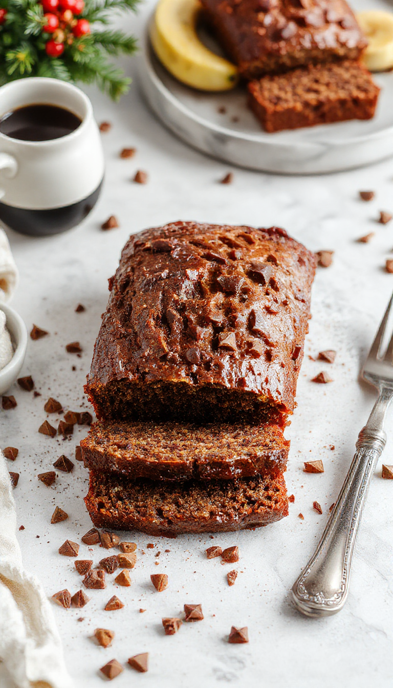 A festive loaf of Decadent Holiday Espresso Banana Bread garnished with holiday spices and a slice cut to reveal its moist interior.
