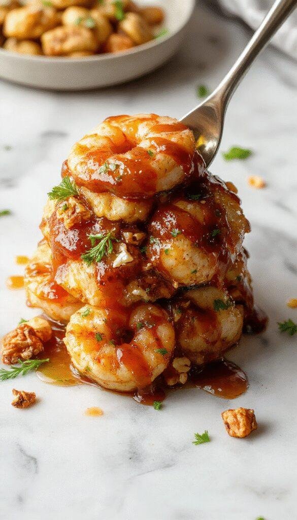 Colorful plate of Honey Walnut Shrimp featuring crispy coated shrimp topped with glossy honey glaze, sprinkled with toasted walnuts, garnished with fresh green herbs, served on a white ceramic dish with a drizzle of sauce and vibrant vegetable accents around.