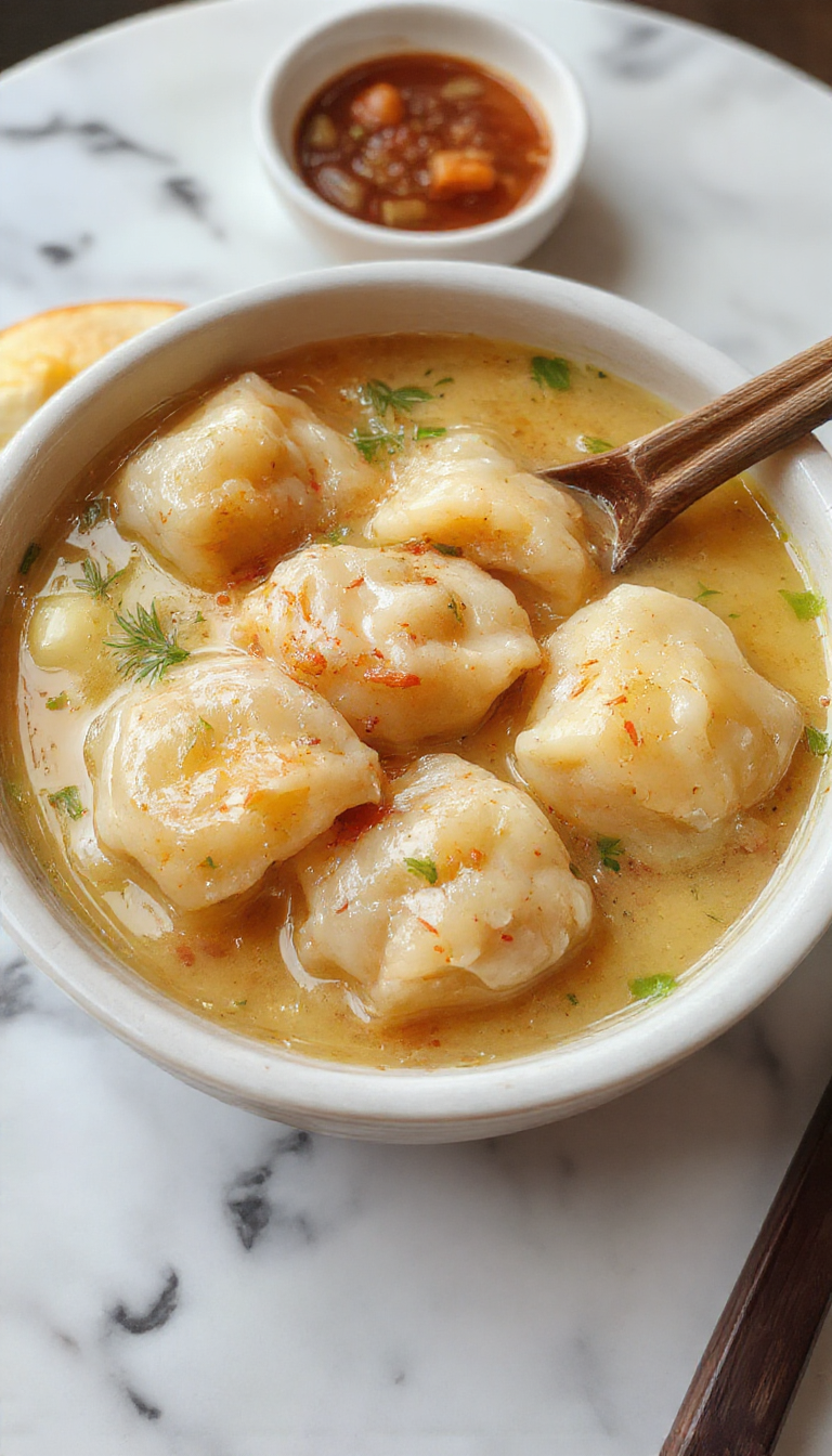 A steaming bowl of Asian dumpling potsticker soup garnished with chopped green onions and sesame seeds, with golden brown dumplings floating in clear broth on a white plate, set against a rustic wooden table.