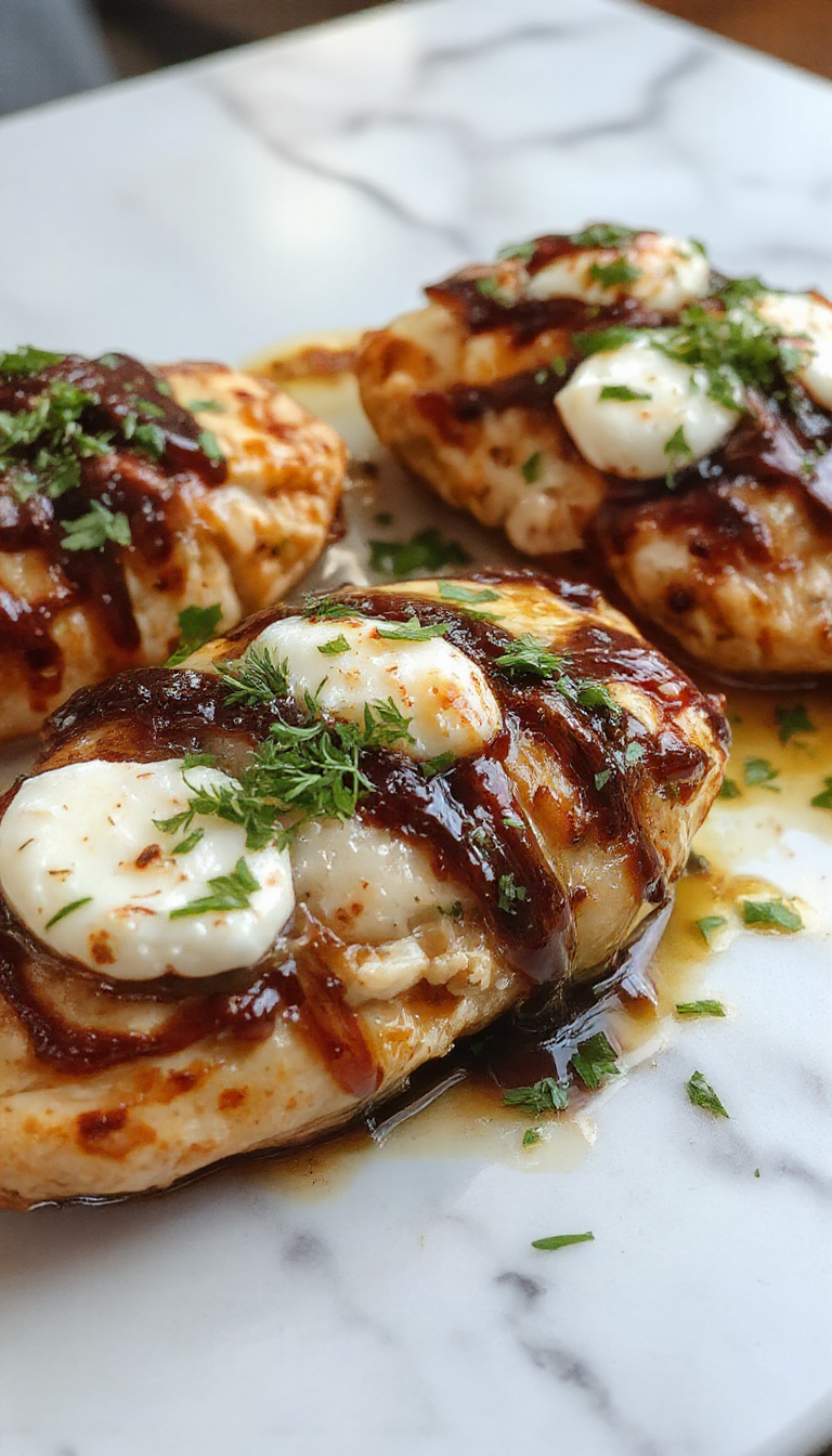Golden baked chicken breast topped with melted mozzarella cheese, drizzled with glossy balsamic glaze, garnished with fresh herbs, served on a white plate