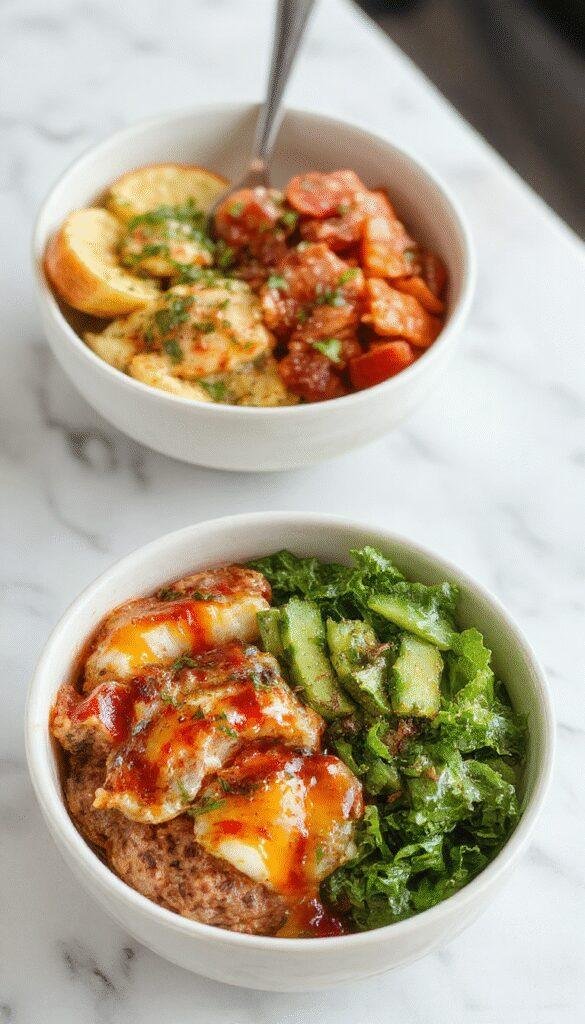 Colorful burger bowls arranged on a rustic wooden table, showcasing layers of seasoned ground meat, fresh vegetables like lettuce, tomatoes, and cheese, with vibrant sauces drizzled on top, garnished with herbs. The bowls are styled casually with a fork and knife, emphasizing a hearty and appetizing meal.
