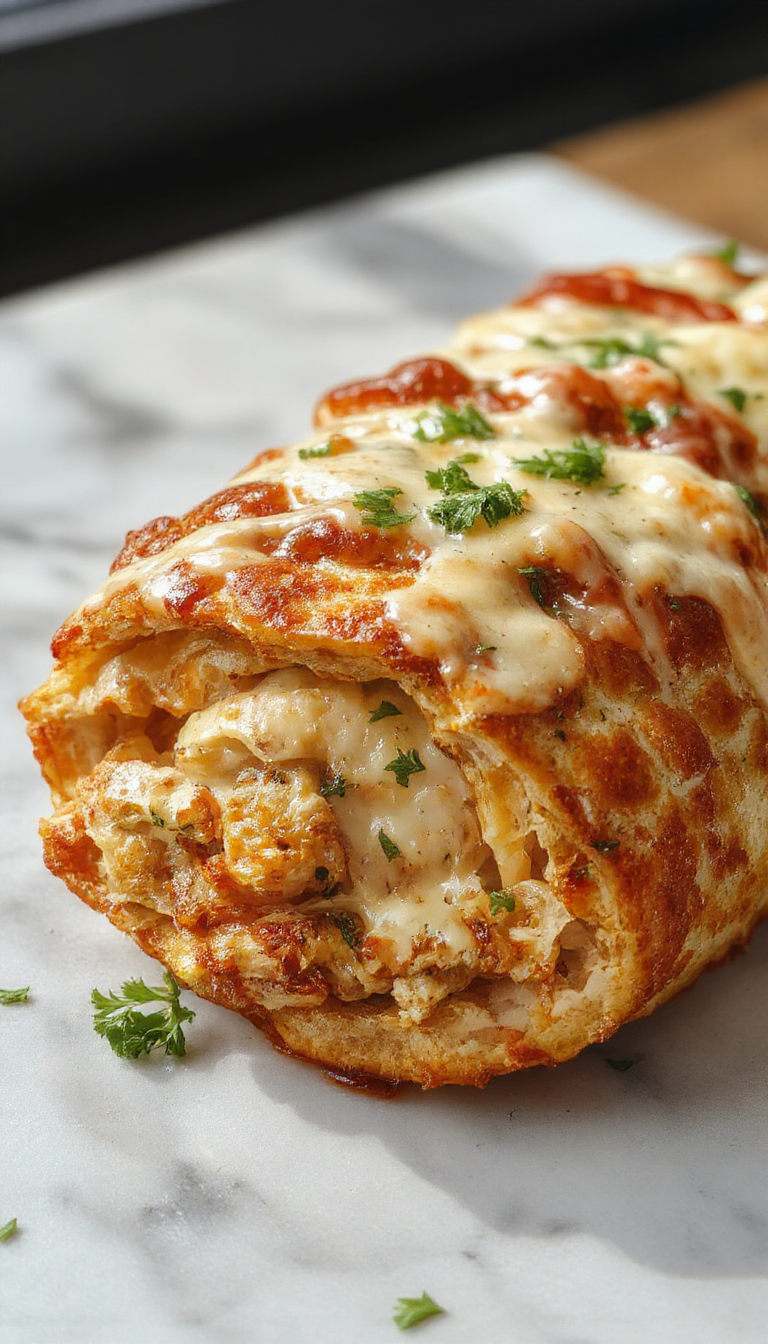 A golden-brown stromboli sliced open to reveal melted cheese, tender slices of chicken, and ham filling, topped with herbs and served on a rustic wooden platter.