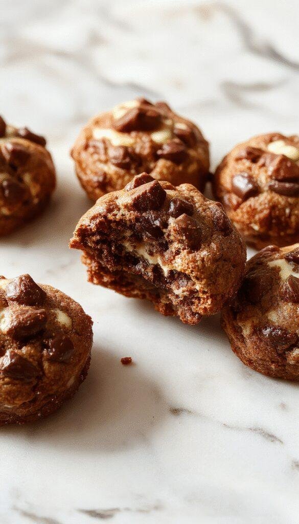 A collection of golden-brown cookie bites topped with melted chocolate and a drizzle of white chocolate, arranged on a white plate with a rustic wooden background. The bites are round, with a slightly cracked surface revealing a soft interior, accented by visible chunks of chocolate and creamy cheesecake filling. Some bites are partially cut open, showcasing the rich, layered textures inside.