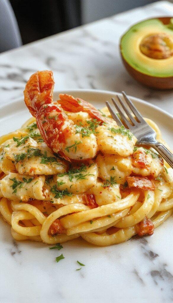 A close-up shot of a gourmet lobster pasta dish featuring bright orange lobster chunks on a bed of creamy, al dente pasta garnished with fresh herbs, served on a sleek white plate with a swirl of sauce and a lemon wedge, set against a rustic wooden table with warm lighting highlighting the textures and vibrant colors.