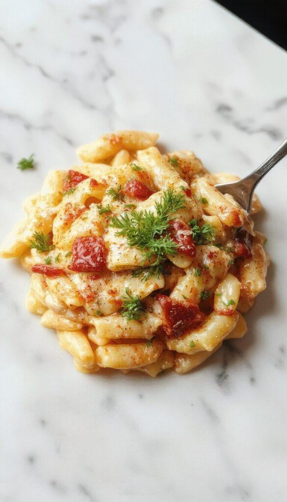 A close-up of a vibrant bowl of creamy orzo pasta garnished with fresh herbs, with a golden-brown crusted edge, served on a rustic white plate atop a wooden table, accompanied by Italian herbs and lemon slices in the background.