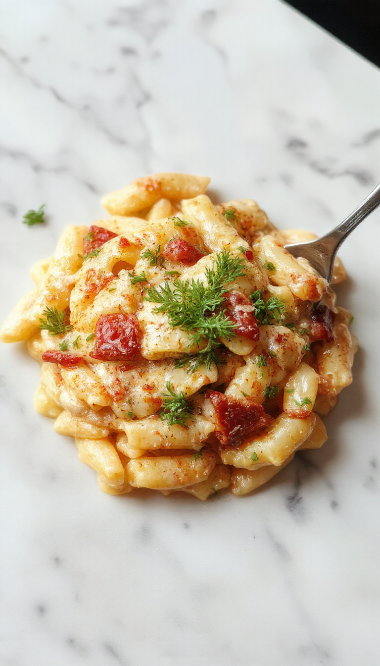A close-up of a vibrant bowl of creamy orzo pasta garnished with fresh herbs, with a golden-brown crusted edge, served on a rustic white plate atop a wooden table, accompanied by Italian herbs and lemon slices in the background.