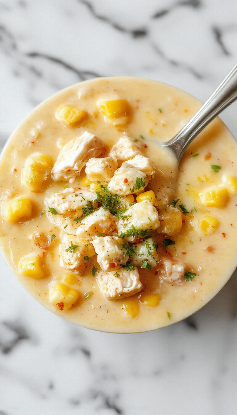 A rustic bowl filled with creamy chicken corn chowder garnished with fresh chopped parsley. The chowder has a thick, golden-yellow base with tender pieces of chicken, sweet corn kernels, and bits of vegetables visible. The bowl is set on a wooden table with a spoon resting beside, and steam gently rises, emphasizing warmth and comfort.
