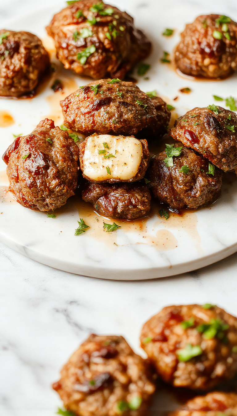 A close-up of succulent beef bites coated in rich garlic butter, served on a rustic plate garnished with fresh herbs. The beef is perfectly browned with a glossy, savory glaze, surrounded by a few minced garlic cloves and sprigs of thyme, all set against a warm, inviting background.
