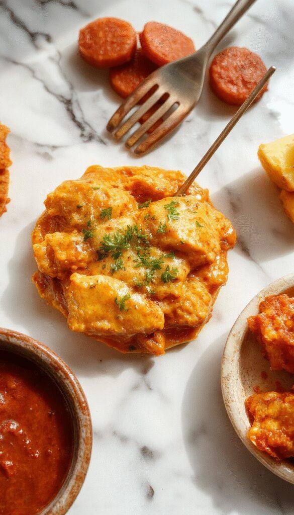A vibrant plate of butter chicken with a rich, orange-red curry sauce topped with fresh cilantro, served alongside steamed rice on a white dish, garnished with a sprig of cilantro and a side of naan bread. The dish is inviting and vividly colorful with a glossy sauce contrasting with the fluffy rice.