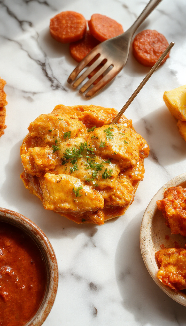 A vibrant plate of butter chicken with a rich, orange-red curry sauce topped with fresh cilantro, served alongside steamed rice on a white dish, garnished with a sprig of cilantro and a side of naan bread. The dish is inviting and vividly colorful with a glossy sauce contrasting with the fluffy rice.