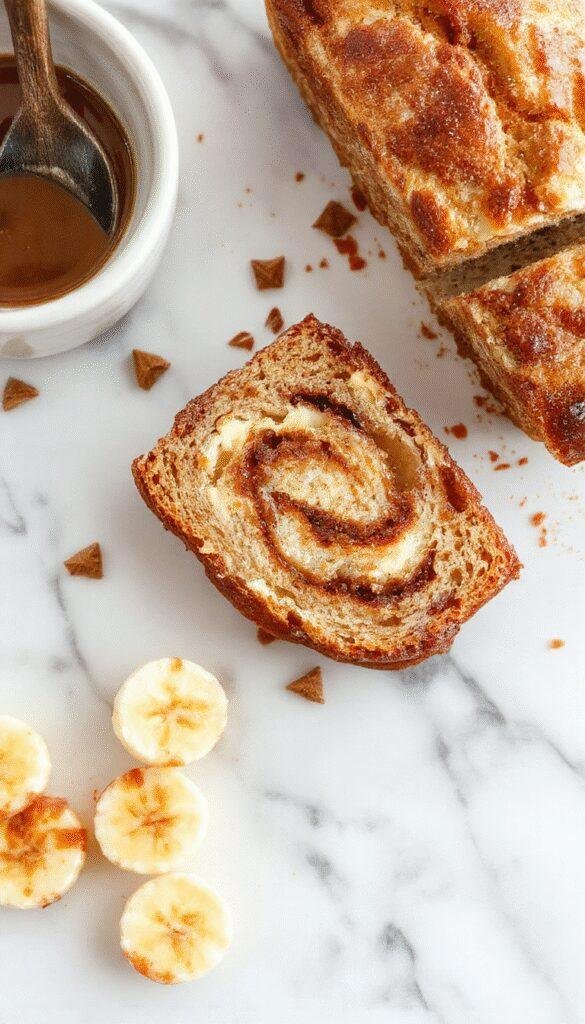 A slice of golden brown cinnamon swirl banana bread on a white plate, topped with a drizzle of glaze. The bread features a swirl of cinnamon and banana pieces, with a soft, moist texture. Light natural lighting highlights the warm tones of the bread and the flaky texture of the crust, styled with a rustic wooden background and a sprig of cinnamon for garnish.