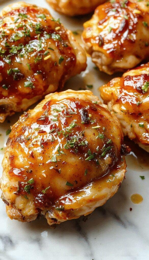 A close-up of golden-brown chicken thighs glazed with a shiny honey garlic sauce, garnished with sesame seeds and chopped green onions on a white plate