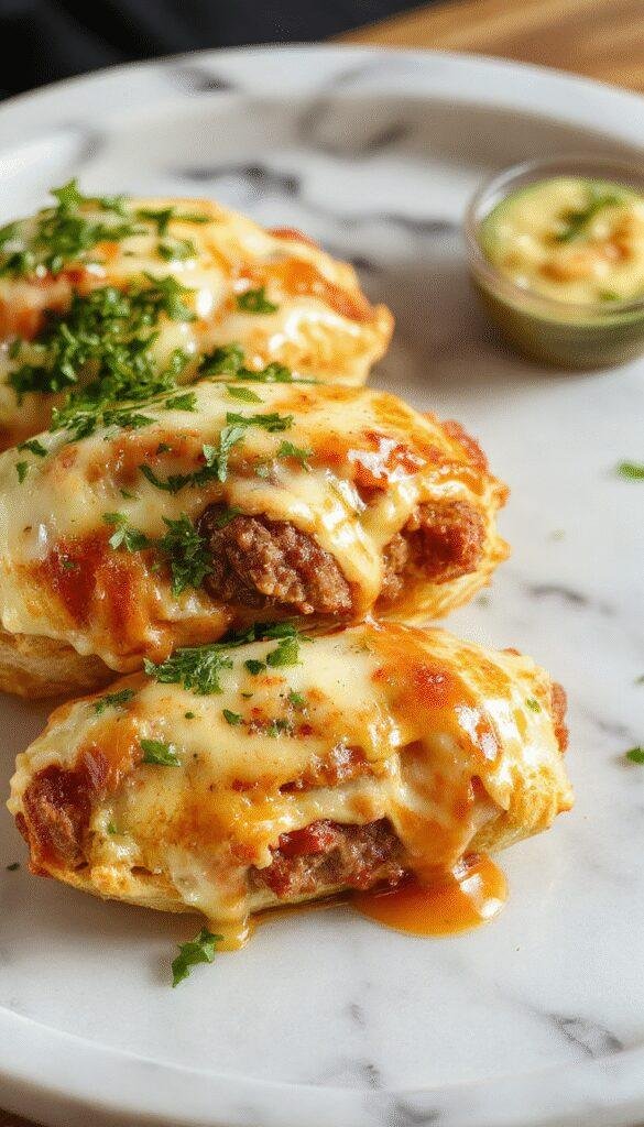 Colorful close-up of golden-brown keto Philly cheesesteak rolls arranged on a white plate, sliced open to reveal melted cheese, thinly sliced steak, and sautéed peppers and onions, with a fresh green garnish, styled casually on a rustic wooden table