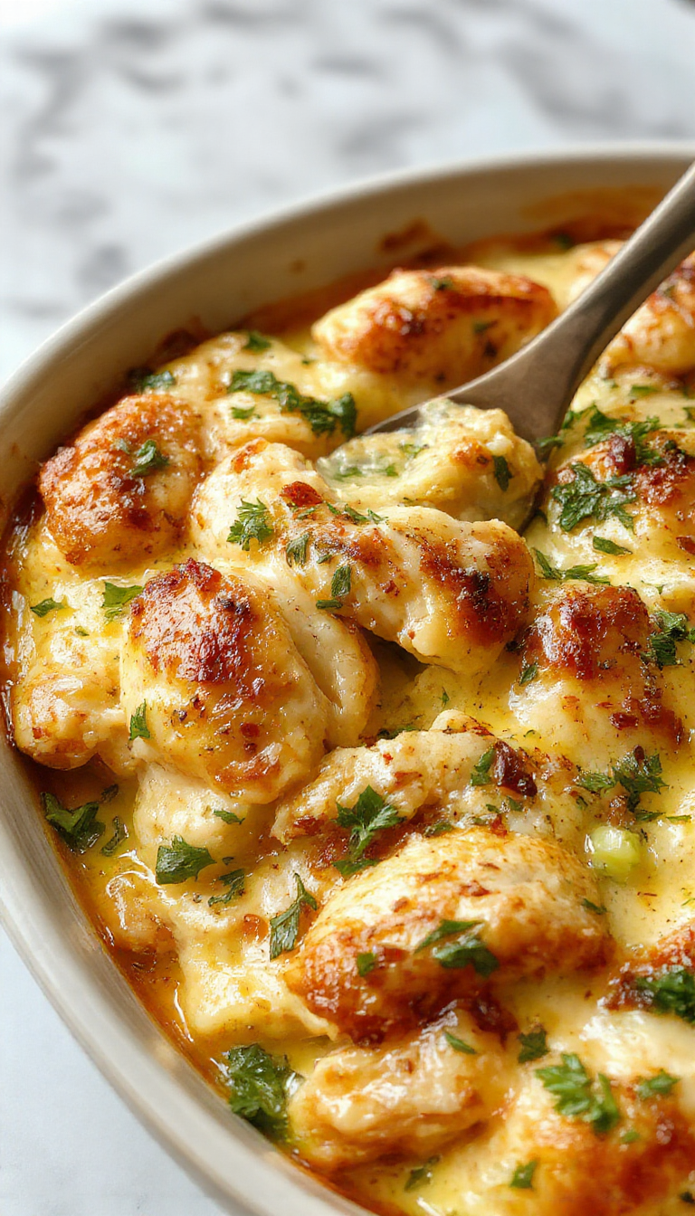 A colorful chicken casserole served in a white baking dish with melted cheese on top, garnished with fresh herbs and sliced green onions, surrounded by a vibrant plate display with crispy edges and creamy textures, styled on a rustic wooden surface with a clean background.