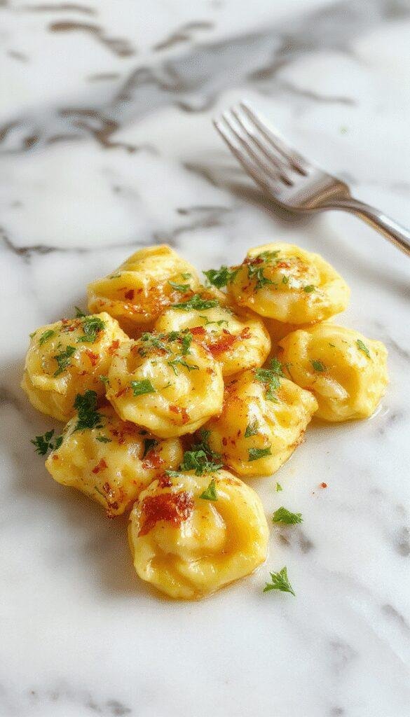 A close-up of vibrant tortellini arranged on a white plate, topped with fresh herbs and drizzled with sauce. The golden-brown pasta showcases a glossy, plump appearance with visible cheese filling peeking through the edges, garnished with green herbs and a sprinkle of grated cheese. The background blurred, emphasizing the dish's inviting textures and rich colors.