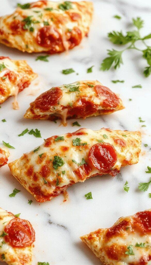 A close-up of a golden-brown pepperoni pizzadilla sliced in half, revealing melted cheese and crispy edges, garnished with fresh herbs on a rustic wooden platter, vibrant red pepperoni slices contrasting with the melted cheese and crispy tortillas, styled with a sprinkle of herbs for a delectable look.