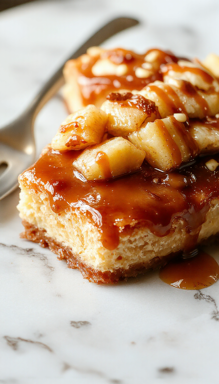 Elegant slice of salted caramel apple pie cheesecake on a white plate, topped with caramel drizzle, apple slices and sea salt crystals. Rich, creamy texture visible beneath the crust with a golden brown topping, styled with cinnamon sticks and caramel sauce for an inviting presentation.