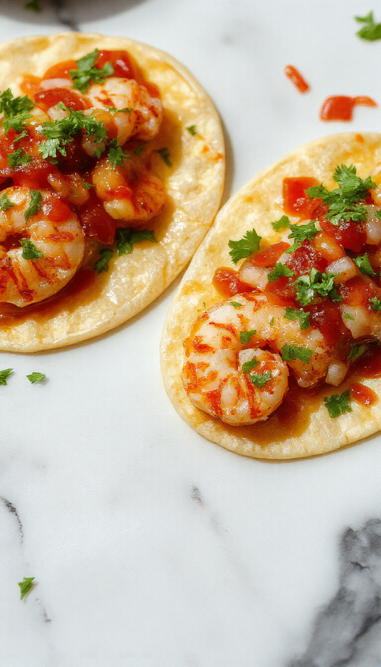 Colorful shrimp tacos on a white plate with vibrant red and green salsa toppings, garnished with fresh cilantro, lemon wedges, and a sprinkle of sesame seeds, styled with a rustic napkin and lime slices in the background.