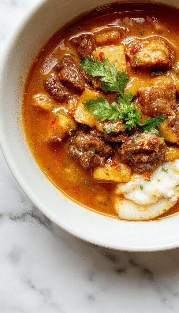 A steaming bowl of creamy beef coconut curry with tender beef chunks, vibrant orange sauce, garnished with fresh cilantro, served on a rustic plate.