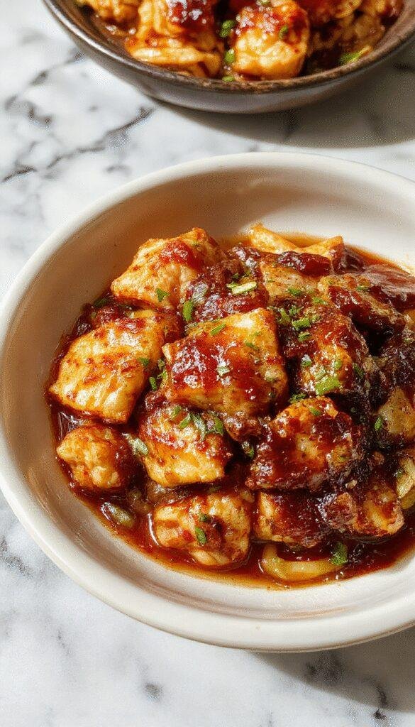 A close-up of a glossy plate of garlic chicken noodles topped with chopped green onions and sesame seeds, showcasing tender chicken pieces and vibrant noodles coated in a dark, flavorful sauce