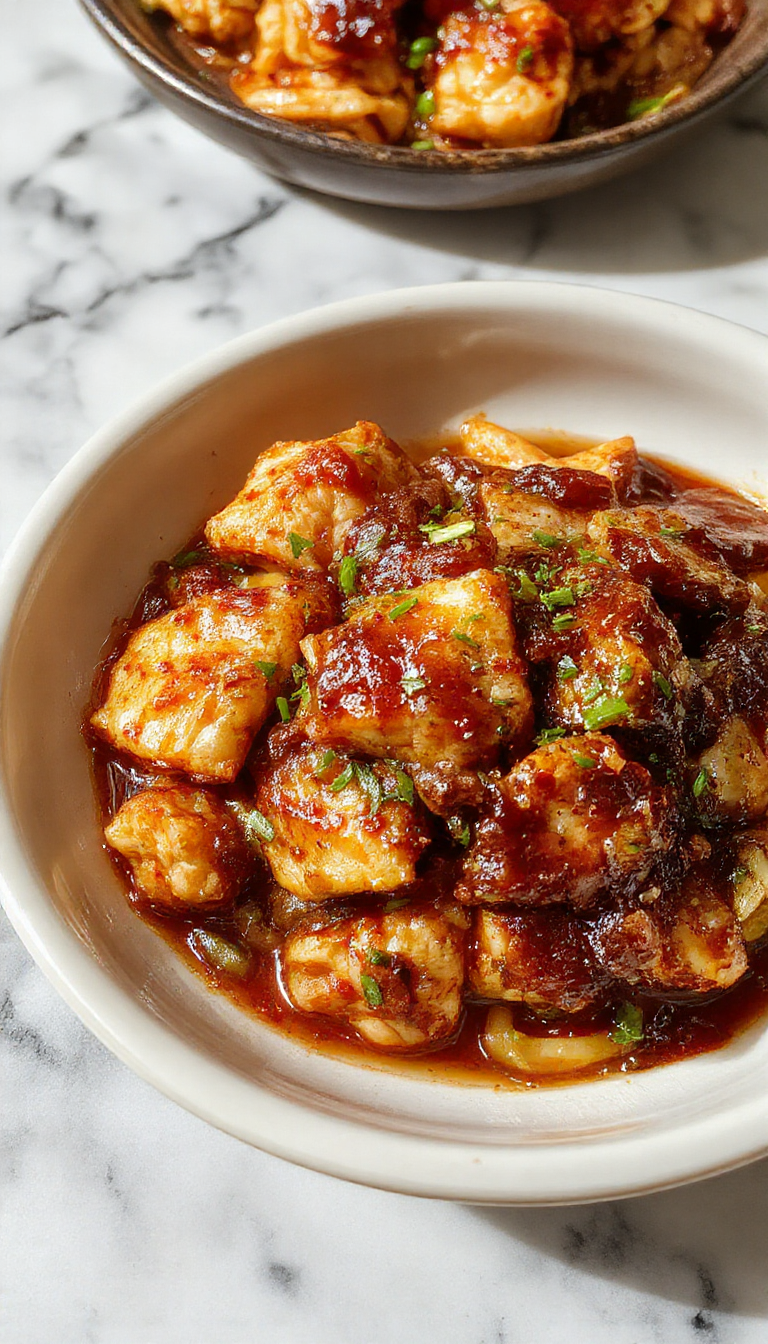 A close-up of a glossy plate of garlic chicken noodles topped with chopped green onions and sesame seeds, showcasing tender chicken pieces and vibrant noodles coated in a dark, flavorful sauce