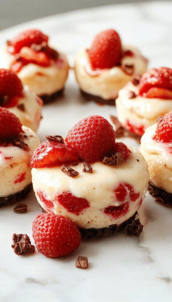 A close-up of three creamy cheesecake cups topped with fresh strawberries and crushed Oreos on a white plate. The dessert has a smooth, creamy texture with vibrant red strawberries and dark chocolate Oreo crumbs contrasting beautifully for a colorful and inviting presentation. The background features a softly blurred pastel table setting, highlighting the elegant yet casual style of the Raspberry Oreo Cheesecake Cups.