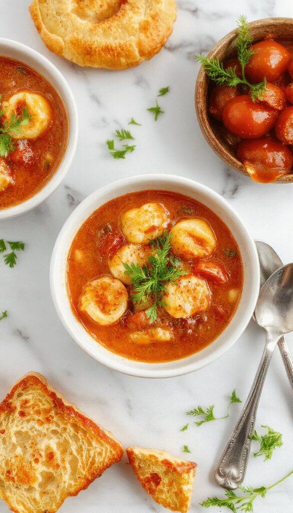 A bowl of vibrant tomato tortellini soup with plump tortellini pasta floating in a rich red tomato broth, garnished with fresh basil leaves and a sprinkle of grated cheese, served in a rustic white bowl on a wooden table with a spoon beside it.