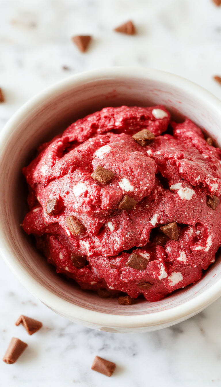 A close-up of a bowl of vibrant red velvet no-bake cookie dough with chocolate chips, garnished with a few cookies on a rustic wooden table.