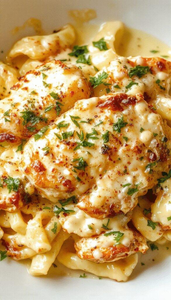 A bowl of creamy Chicken Alfredo pasta topped with freshly grated Parmesan cheese and chopped parsley, steam rising invitingly.