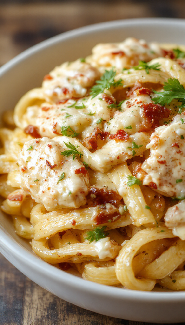 A plate of Dreamy Creamy Chicken Bacon Ranch Pasta with tender chicken, crispy bacon, and a luscious creamy sauce garnished with herbs.