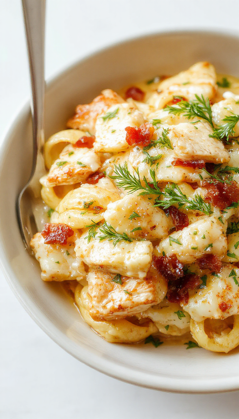 A plate of creamy chicken bacon ranch pasta garnished with fresh herbs, showcasing tender chicken pieces, crispy bacon, and a smooth ranch sauce.