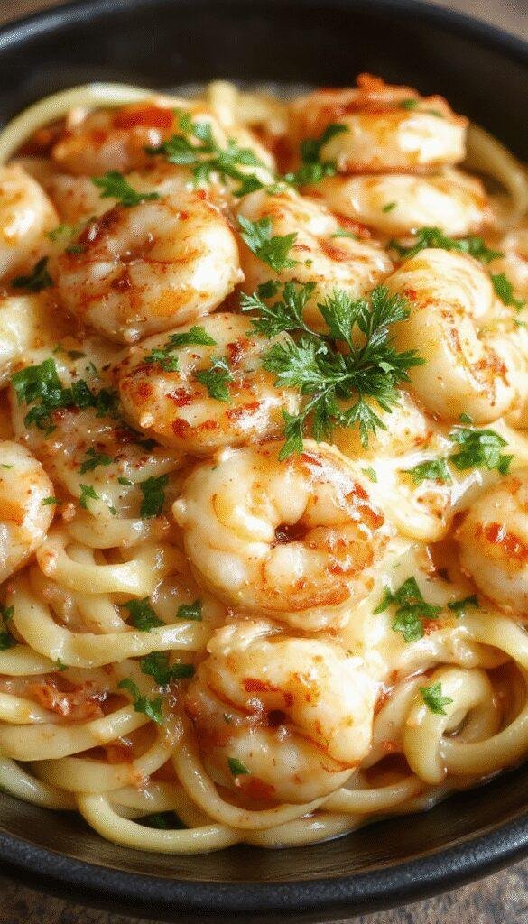 A close-up of creamy garlic shrimp pasta served on a white plate, garnished with fresh herbs and sprinkled with grated cheese.