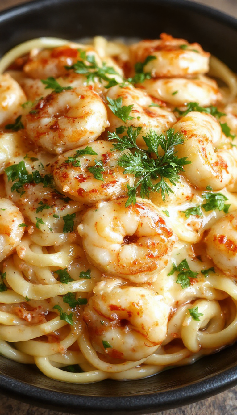 A close-up of creamy garlic shrimp pasta served on a white plate, garnished with fresh herbs and sprinkled with grated cheese.