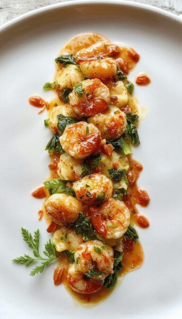 A plate of creamy shrimp and spinach tortellini garnished with herbs, served on a elegant white dish with a rich sauce draped over it.