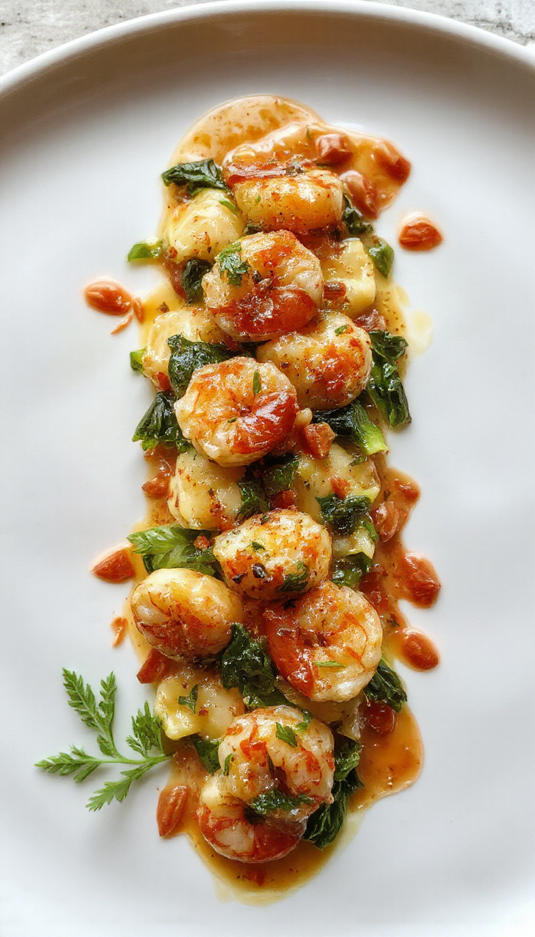 A plate of creamy shrimp and spinach tortellini garnished with herbs, served on a elegant white dish with a rich sauce draped over it.