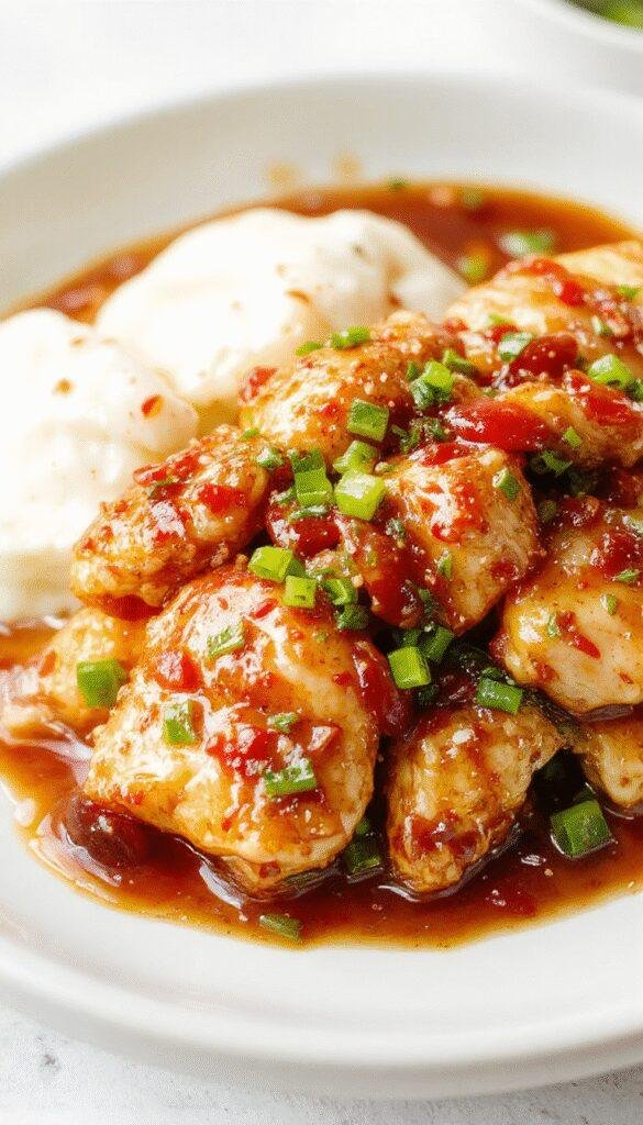 Juicy Asian Sweet Chili Chicken served on a plate with vibrant vegetables and garnished with fresh herbs.