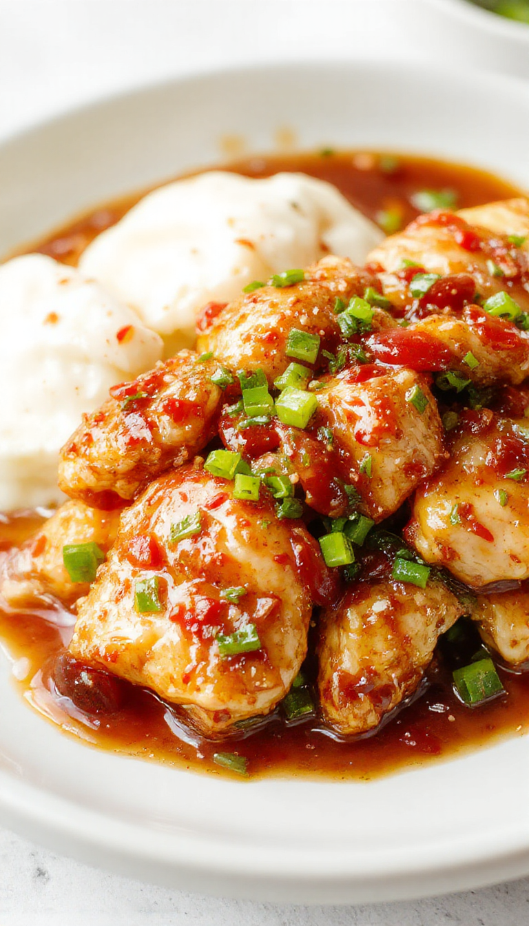 Juicy Asian Sweet Chili Chicken served on a plate with vibrant vegetables and garnished with fresh herbs.