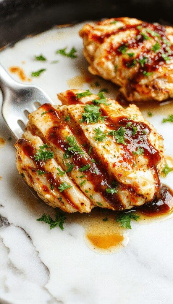 A close-up of a vibrant skillet dish featuring golden-brown chicken breasts glazed with a glossy balsamic sauce, garnished with fresh herbs and served alongside caramelized vegetables on a rustic plate.