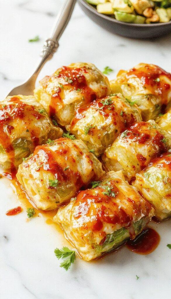 A vibrant plate featuring sliced cabbage rolls filled with seasoned meat and rice, garnished with fresh herbs, arranged neatly on a rustic wooden table, showcasing their golden-brown tops and tender textures.