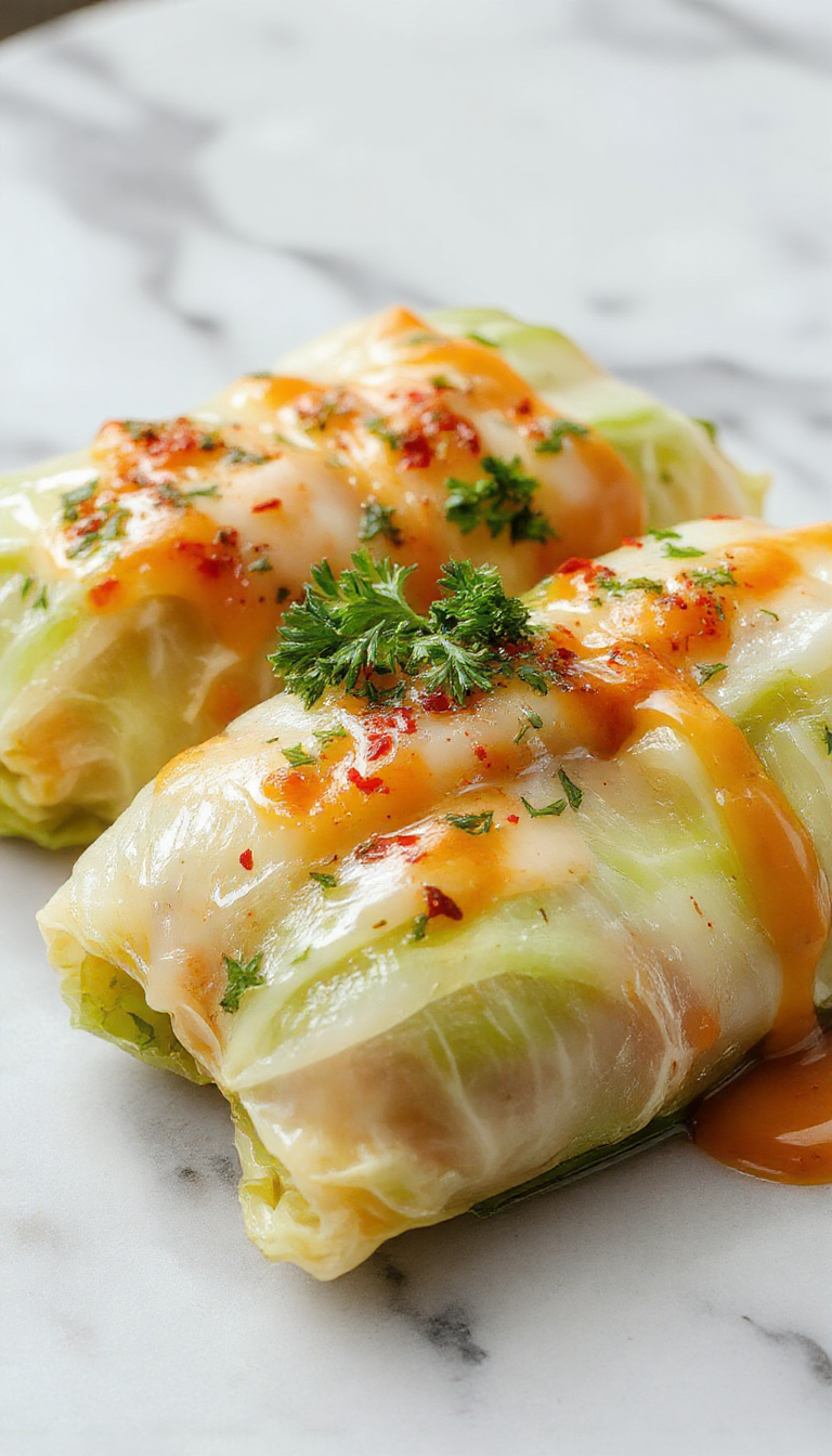 A close-up of a neatly arranged plate of cabbage rolls, golden-brown and garnished with fresh herbs, sliced open to reveal tender filling inside, with a side of vibrant vegetables under soft lighting.